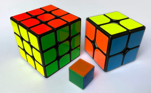 A 1x1x1, a 2x2x2 and a 3x3x3 cube side by side