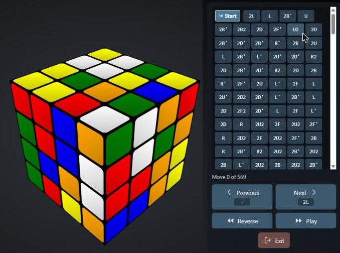 The 4x4 solution on cube-solver.com: a scrambled cube and a list of 569 moves with Previous, Next, Reverse and Play buttons